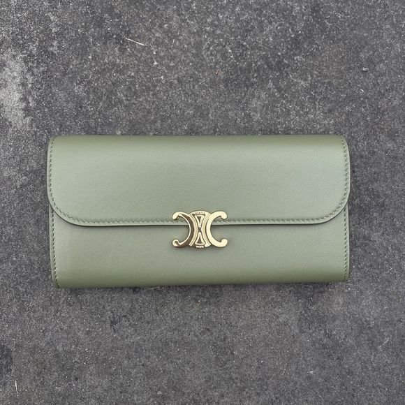 CELINE LARGE WALLET TRIOMPHE IN SHINY CALFSKIN DARK OLIVE Box And Dust Bag - Picture 2 of 16